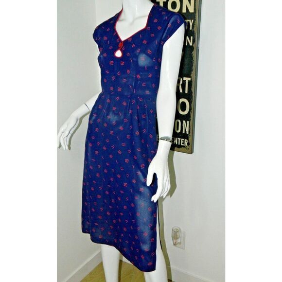 Young Edwardian Arpeja Dress Jacket Size 7 Vintage Blue Red Print Matchsticks - Picture 14 of 15